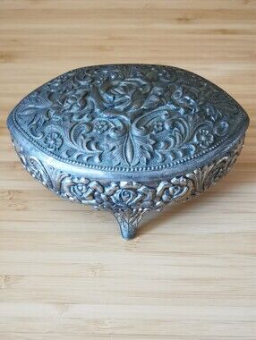 Vintage Silver Plated Floral Red Velvet Lined Trinket Box